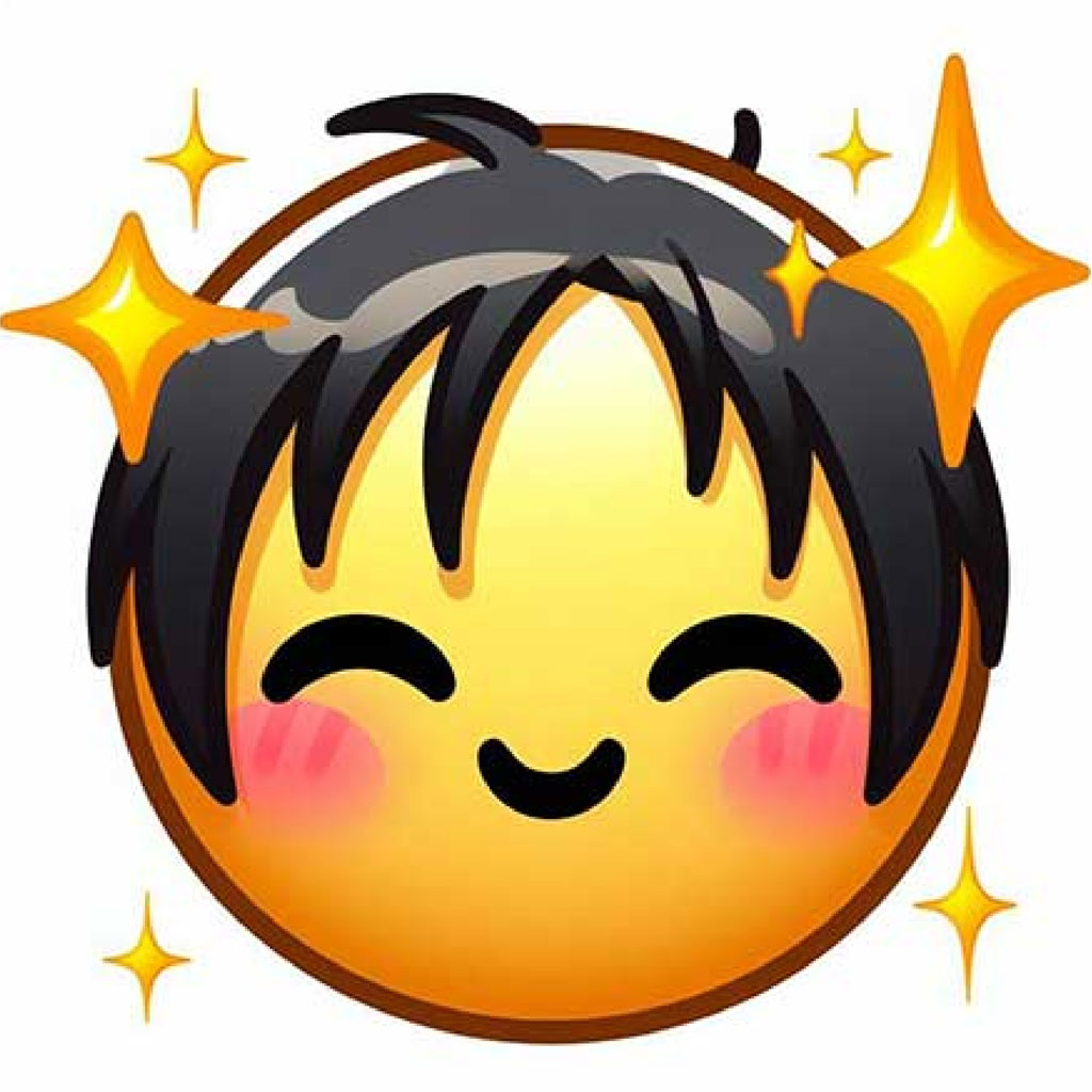 Shy cartoon emoji face with black hair and sparkles around it
