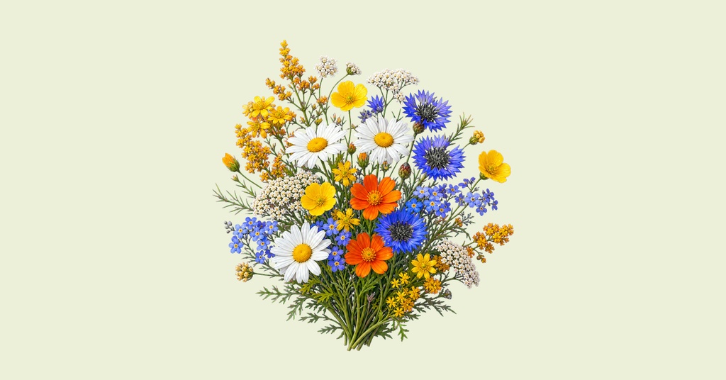 Colorful bouquet of wildflowers centered on a pale background.