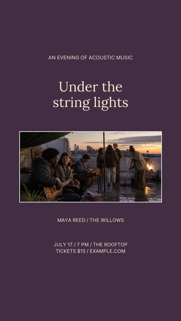 Instagram story design with a sunset concert photo and text reading Under the string lights.