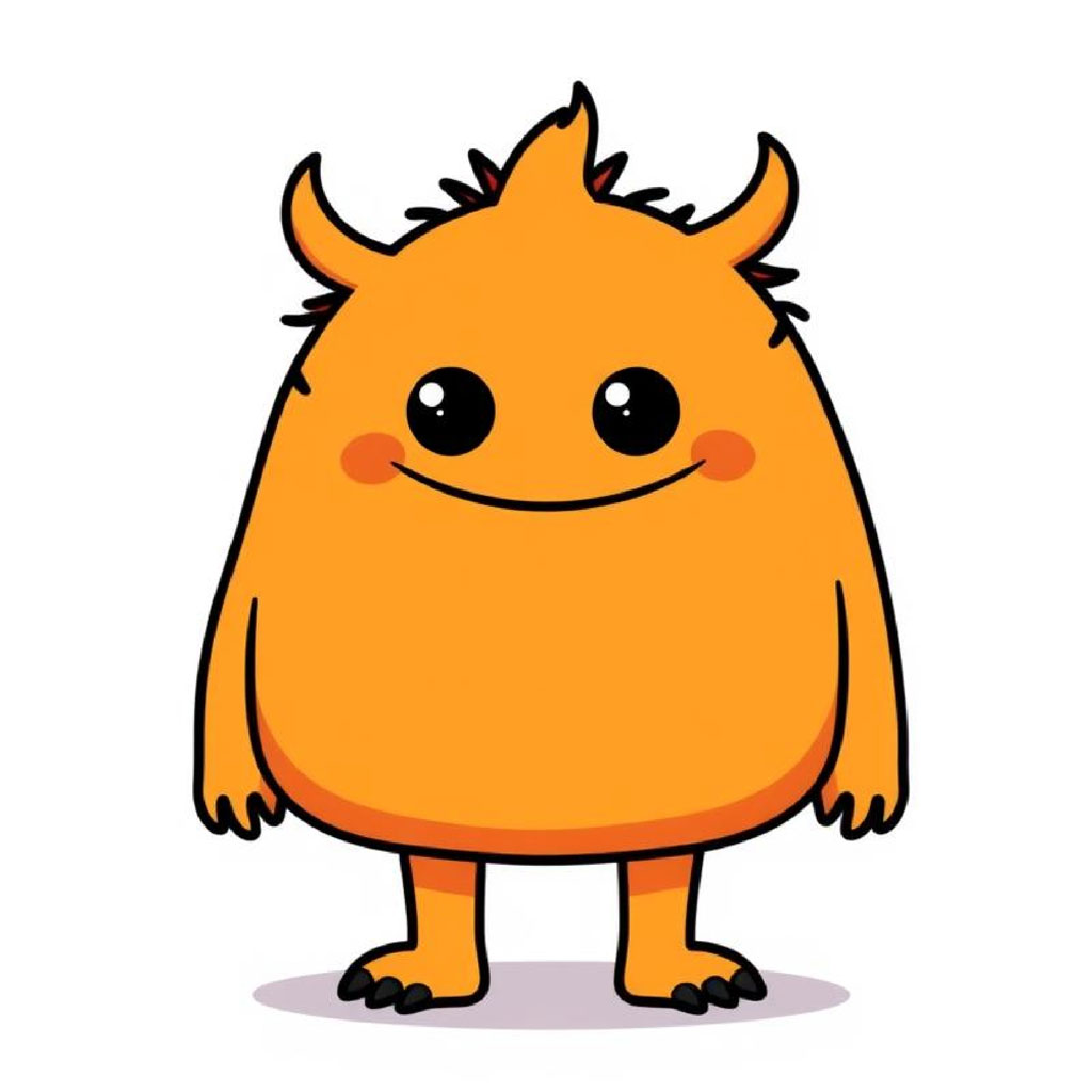 A smiling orange monster with horns and spiky hair