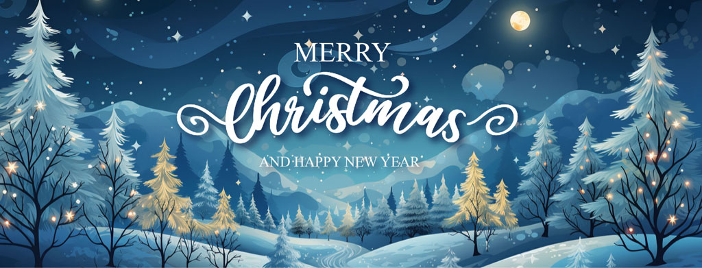 Merry Christmas and Happy New Year greeting card with a snowy forest under a starry night sky