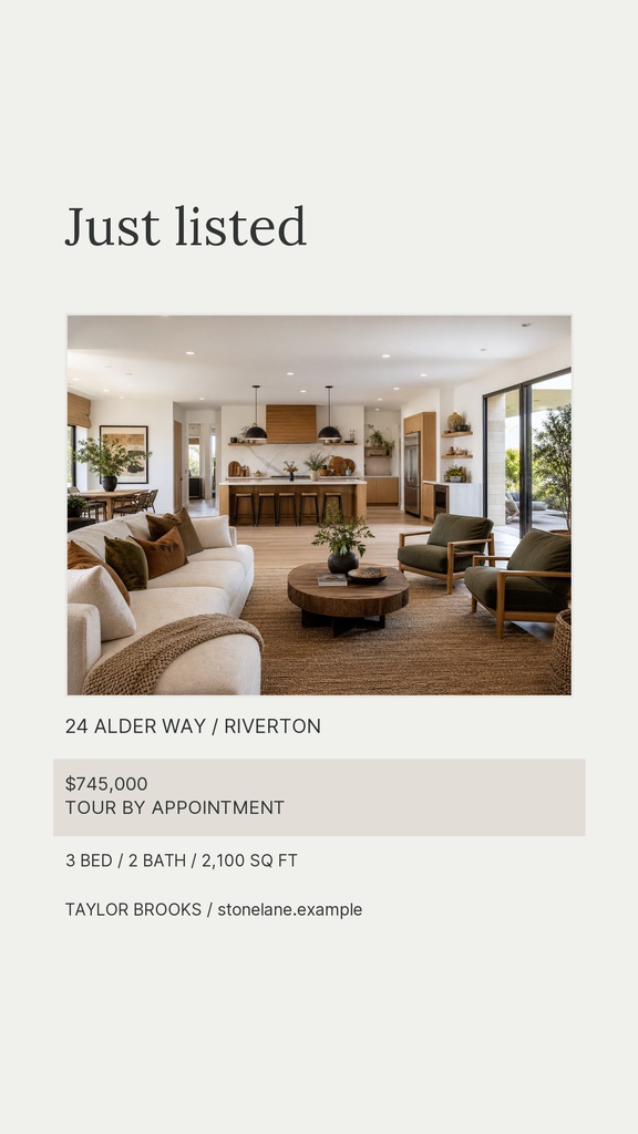 A just listed real estate story template featuring a bright living room photo and property details.
