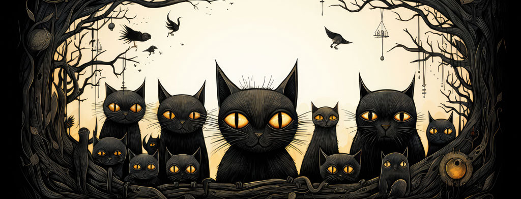 Illustration of multiple black cats with glowing eyes in a tree