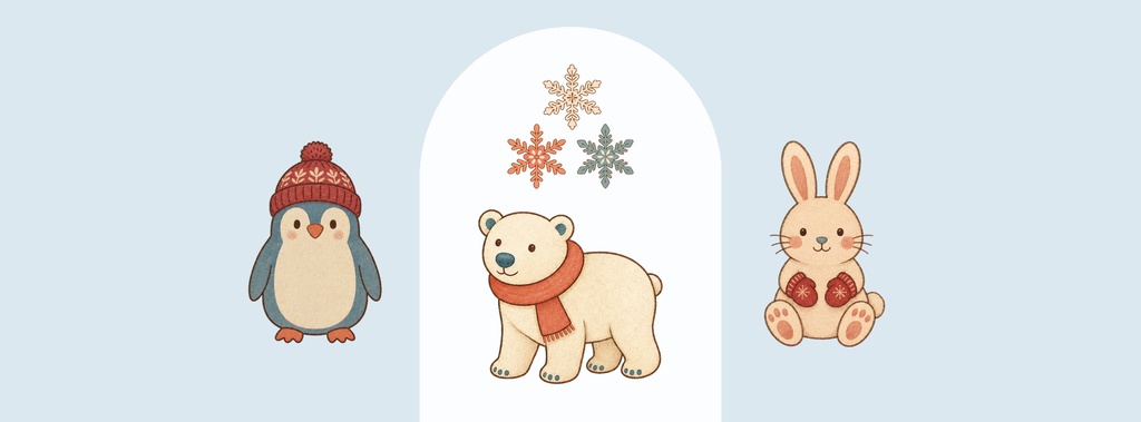 Cute penguin, bear, and bunny on a pale winter-themed page cover layout.
