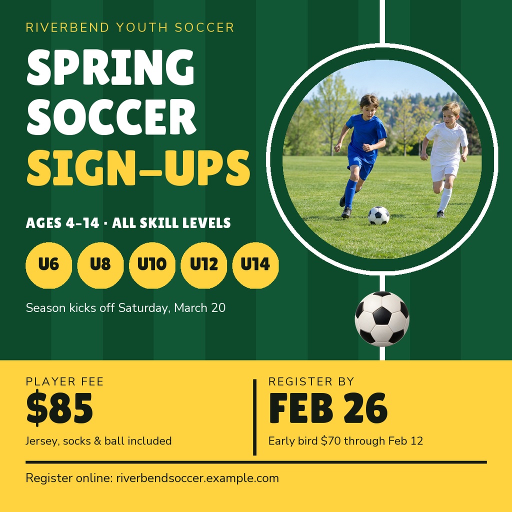 Preview for Spring Soccer Sign-ups Square Post Template