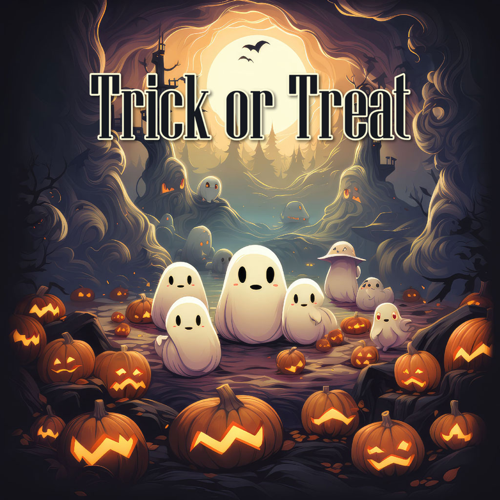 Halloween illustration with ghosts and pumpkins