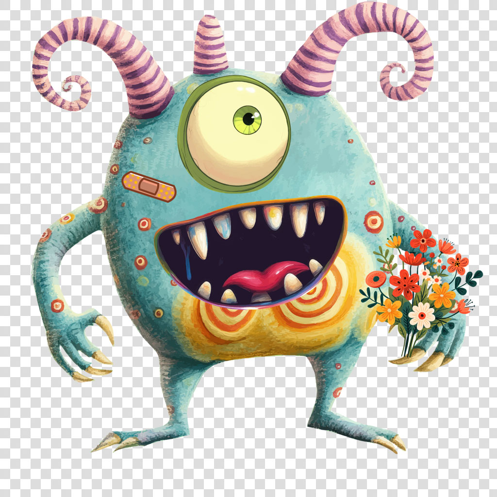 A blue, one-eyed monster with horns and sharp teeth holding a bouquet of colorful flowers.