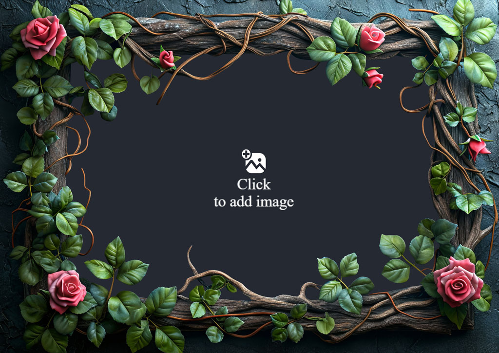 A rectangular frame made of vines and leaves with pink roses on a dark background.