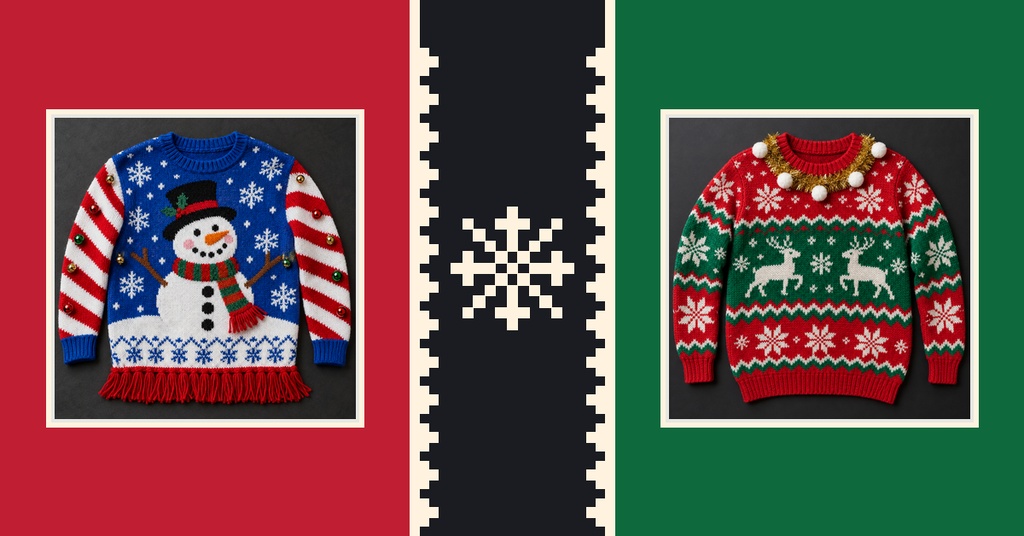Two ugly Christmas sweaters with a snowflake divider on red and green background panels