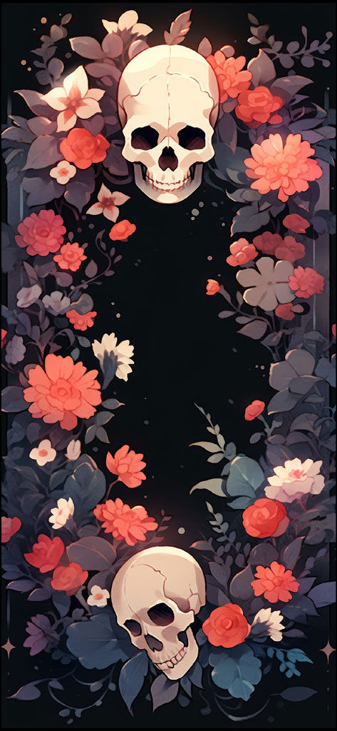 Digital illustration of two skulls encircled by flowers and foliage on a black background