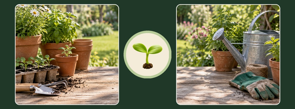 Spring garden cover with potted seedlings, a watering can, gloves, and a center sprout icon.
