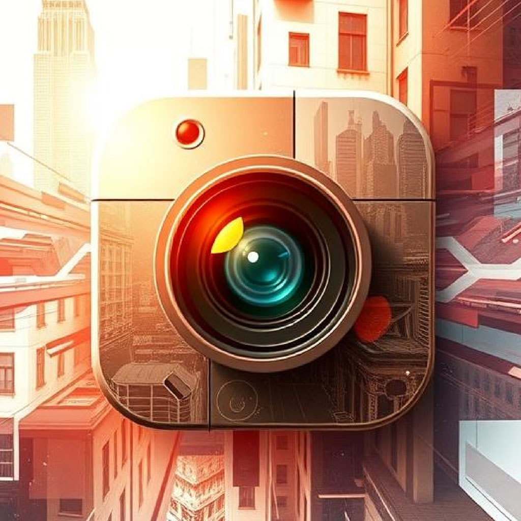 Camera lens icon with city buildings reflected on its surface