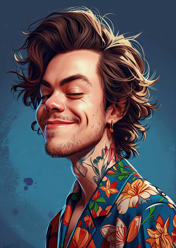Illustration of Harry Styles smiling with eyes closed, wearing a blue floral shirt and showcasing neck tattoos.