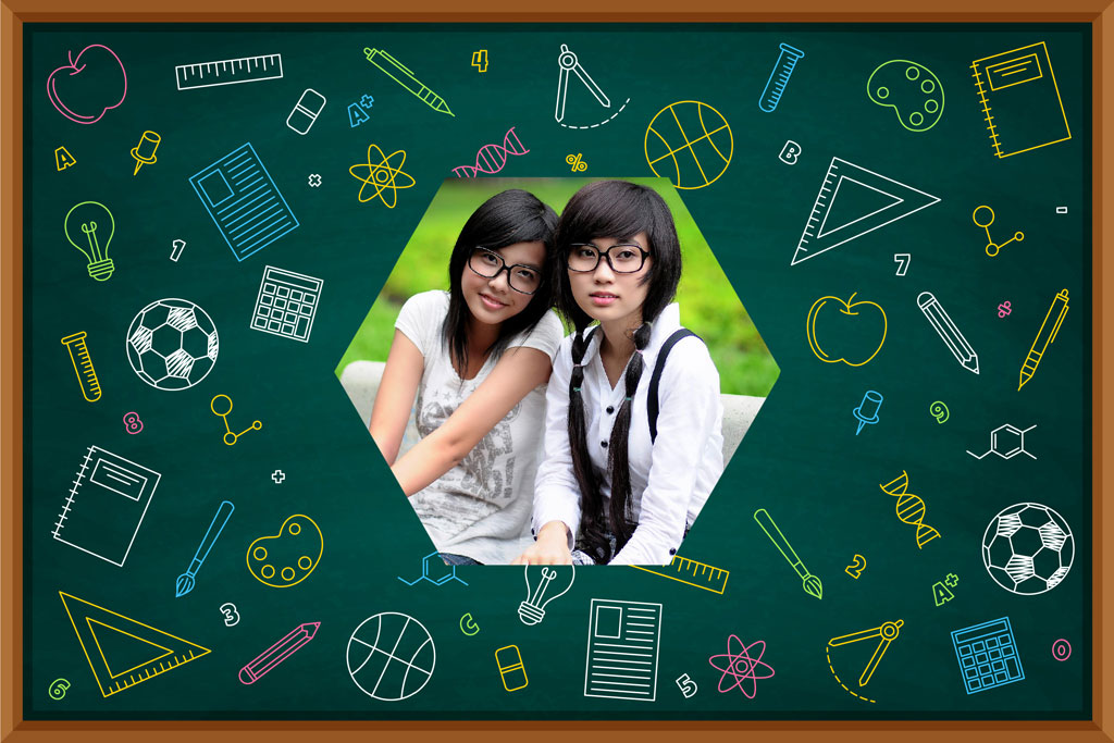 Two female students posing together in front of a green background, surrounded by educational doodles on a chalkboard.