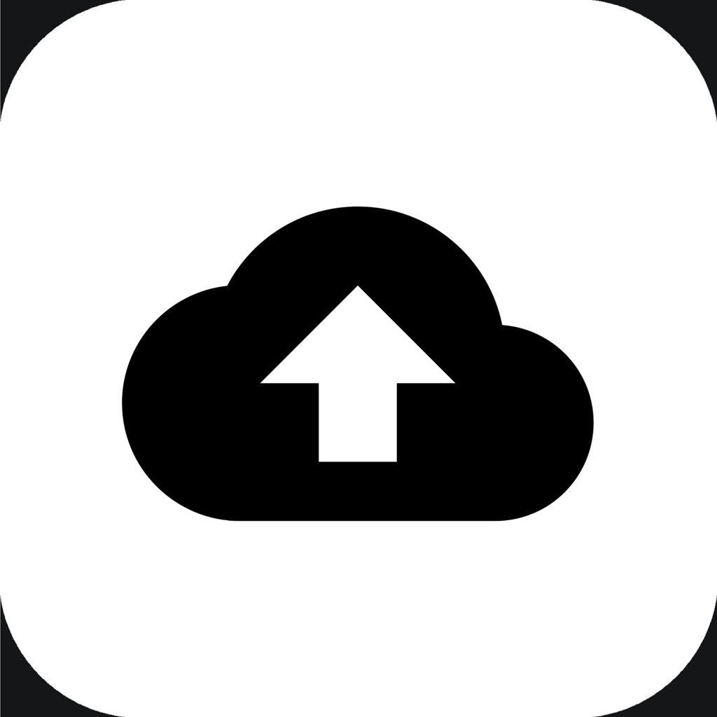 Cloud upload icon with white arrow pointing up inside a black cloud on a white background