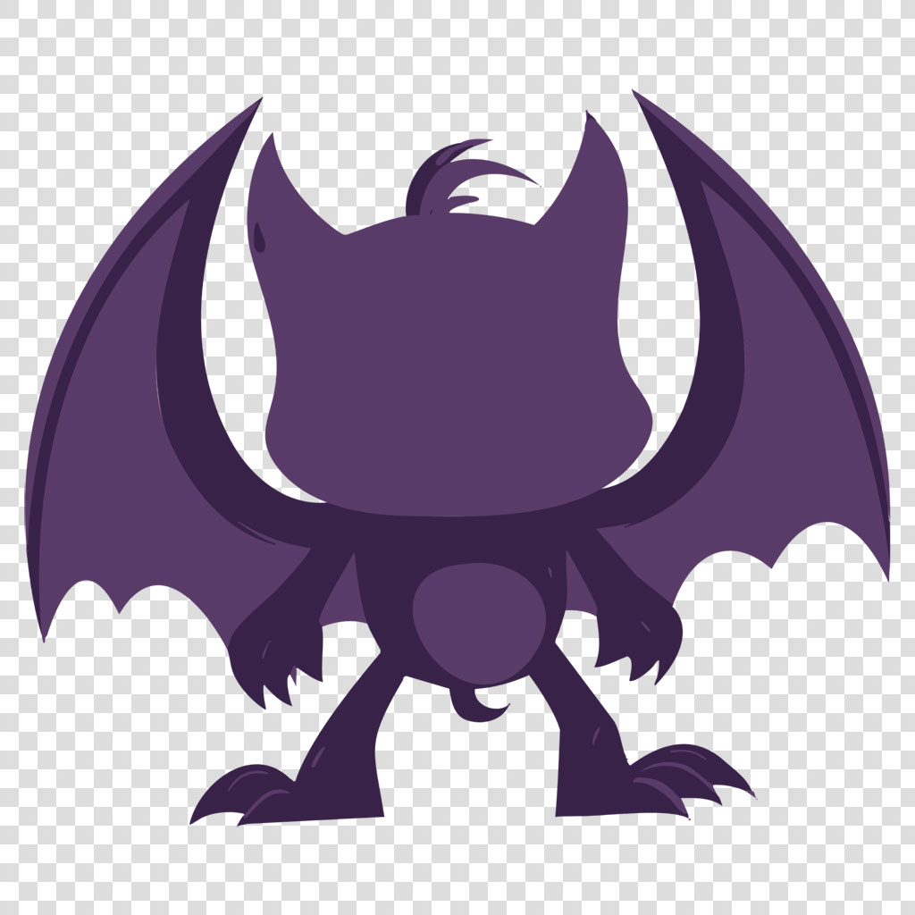 A dark purple cartoon bat with outstretched wings and sharp claws.