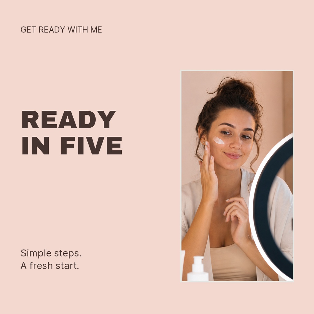Woman applying skincare beside a round mirror in a soft pink square layout with bold text.