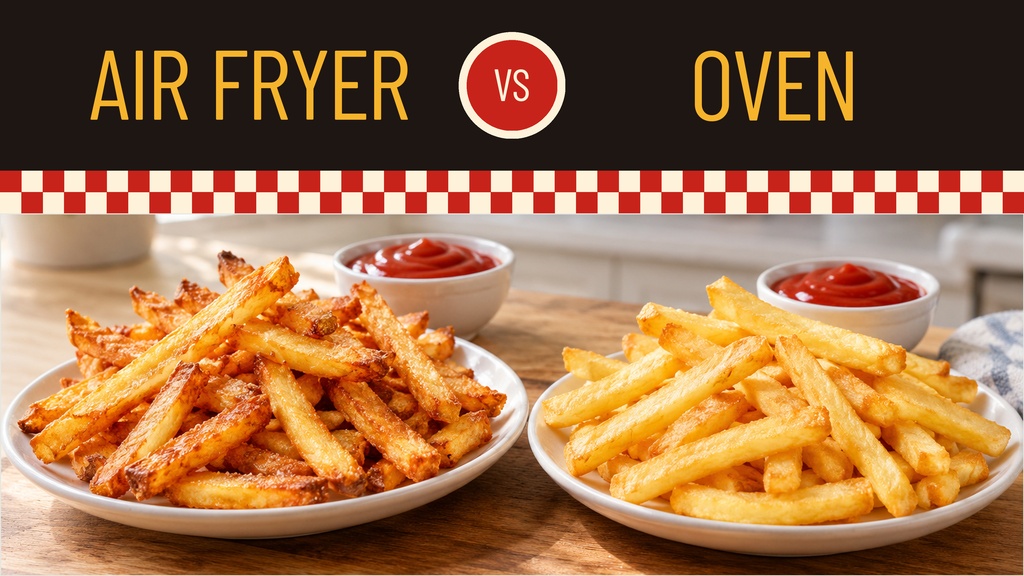 Two plates of french fries labeled air fryer and oven with dipping sauces on a dark background.