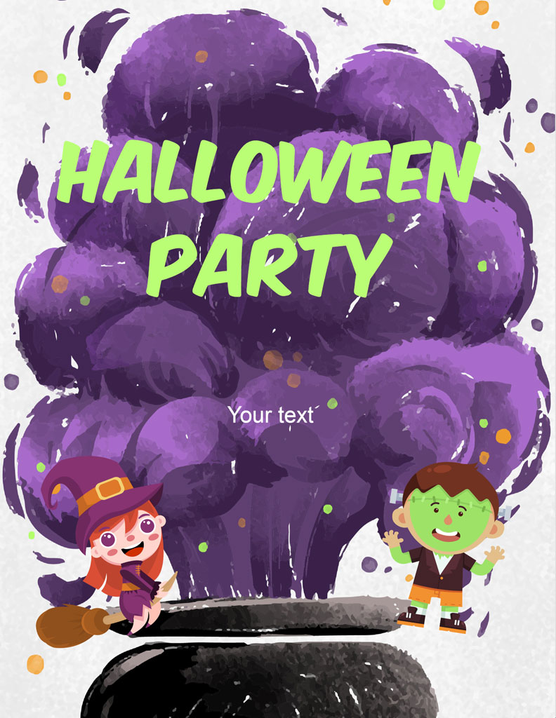Halloween party invitation with cartoon witch and Frankenstein's monster
