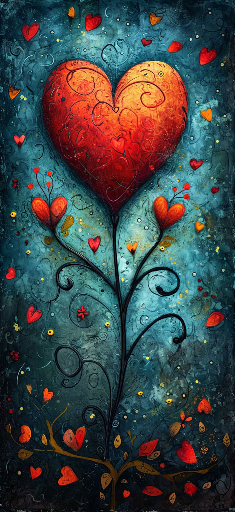 A digital painting of a tree with a large red heart as its crown and smaller hearts as leaves.