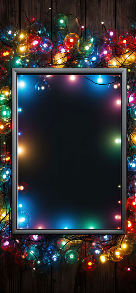 Silver frame with colorful Christmas lights on a wooden surface