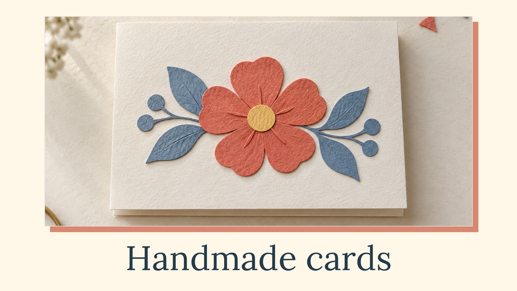 A cream handmade card with a paper flower and blue leaves on a soft background.