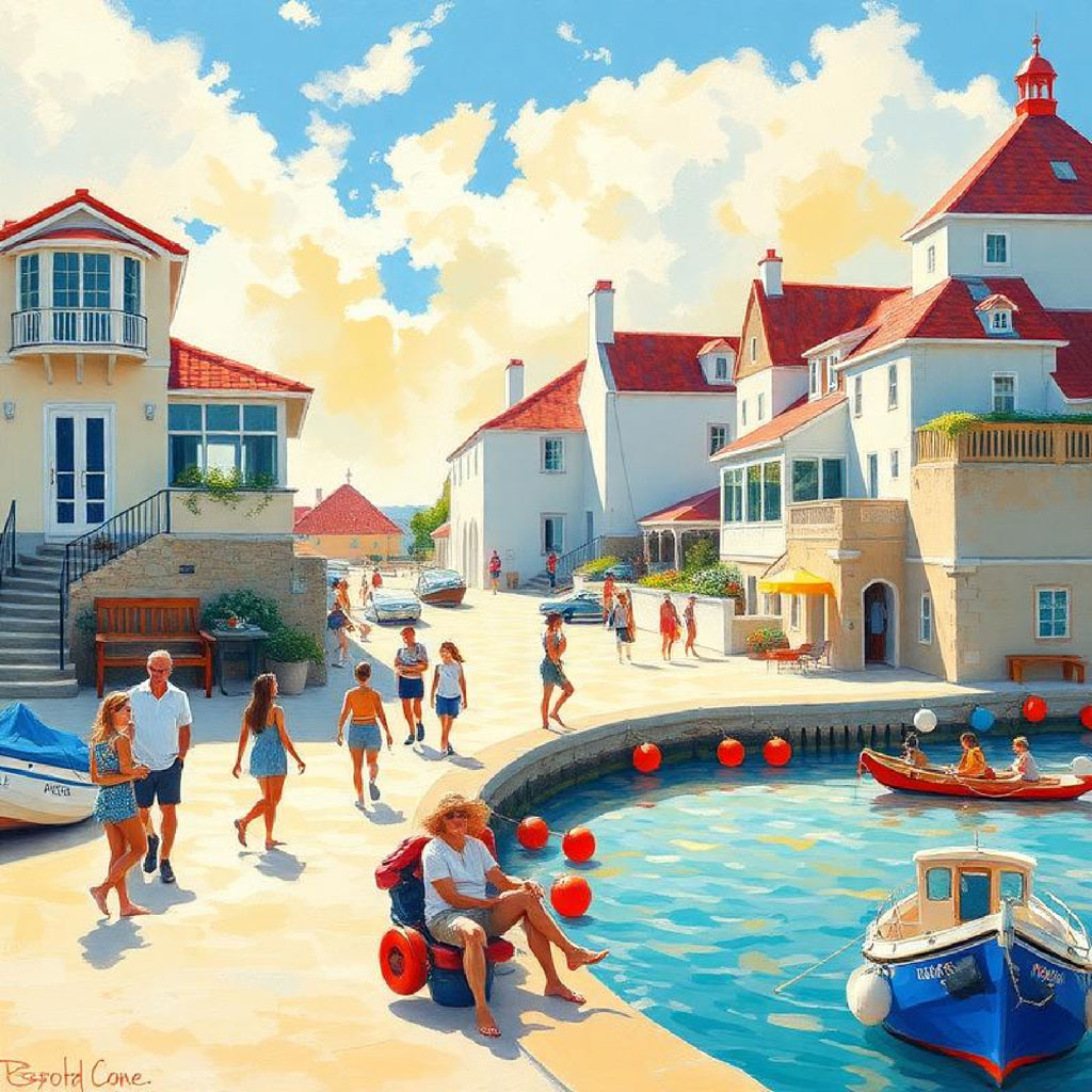 A colorful illustration of a seaside village with people walking along the waterfront and boats in the harbor.