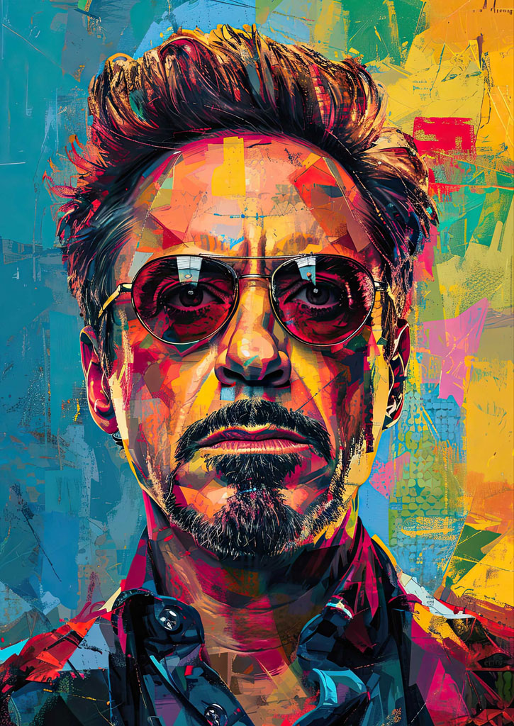 A stylized portrait of Robert Downey Jr. with sunglasses against a vibrant background.