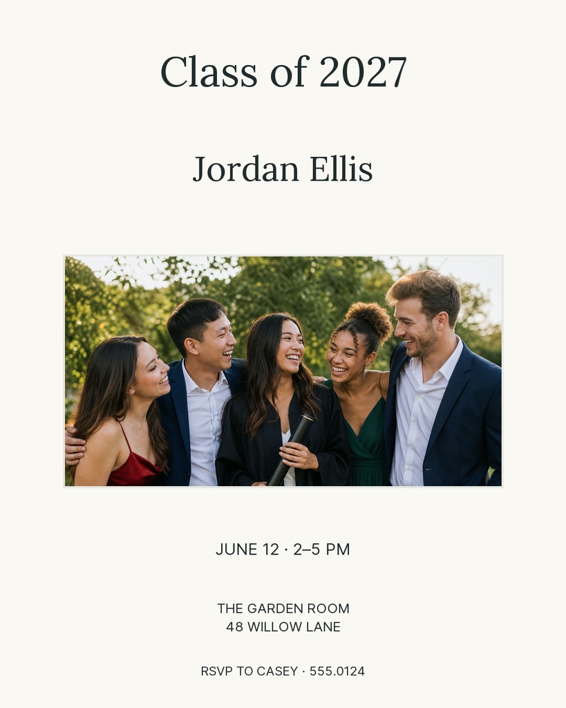 Minimal graduation invitation with Class of 2027, name, group photo, date, venue, and RSVP details.