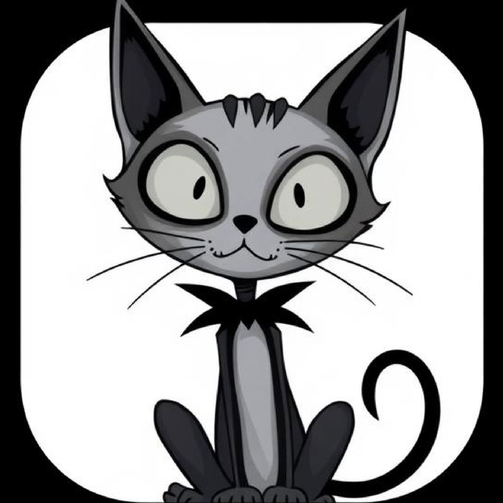 A cartoon cat with a black bow tie and gray fur.