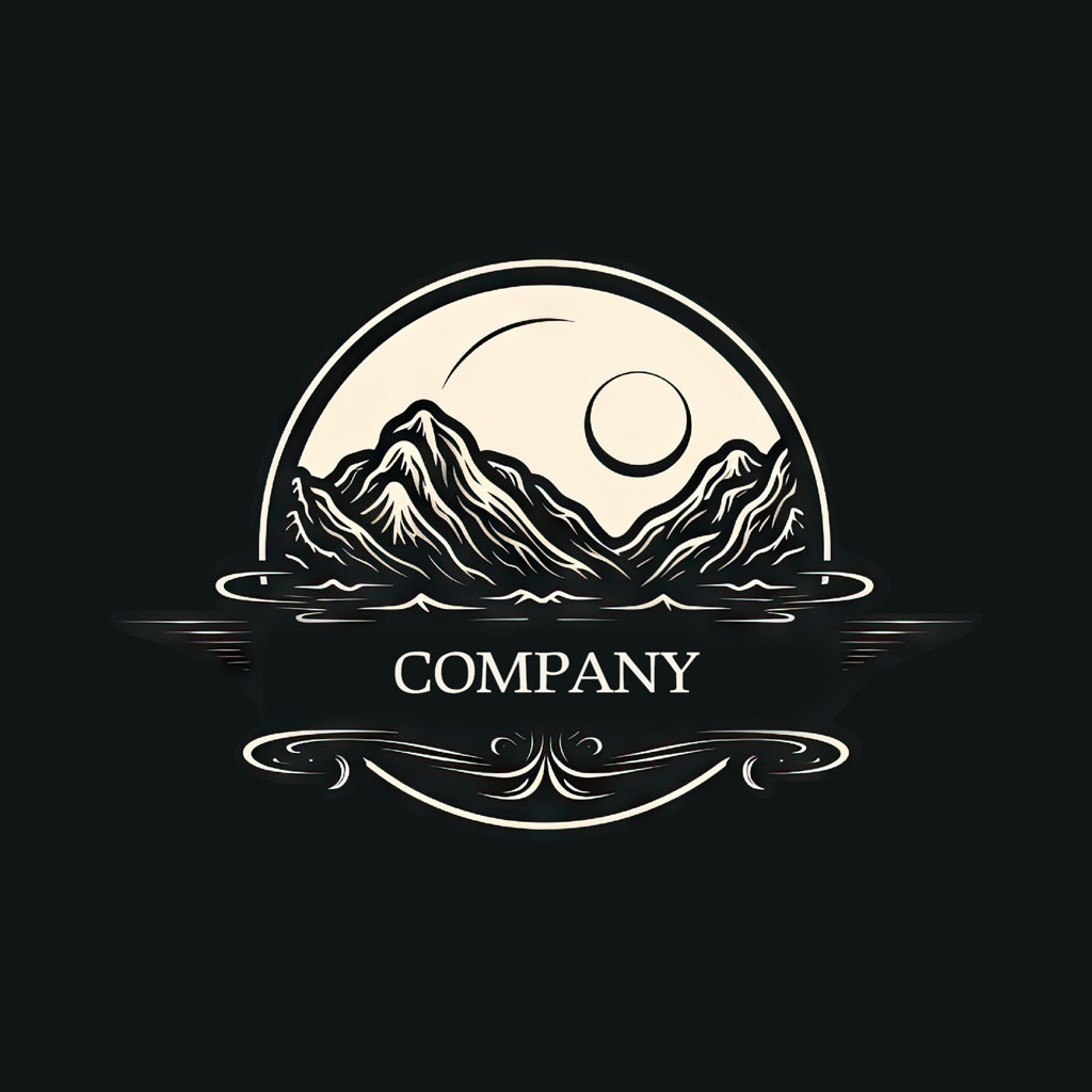 Logo with mountains, moon, and water reflection