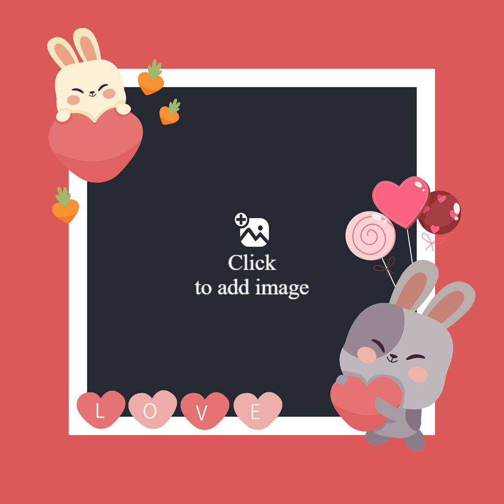 Valentine's Day frame template with cartoon rabbits and heart balloons