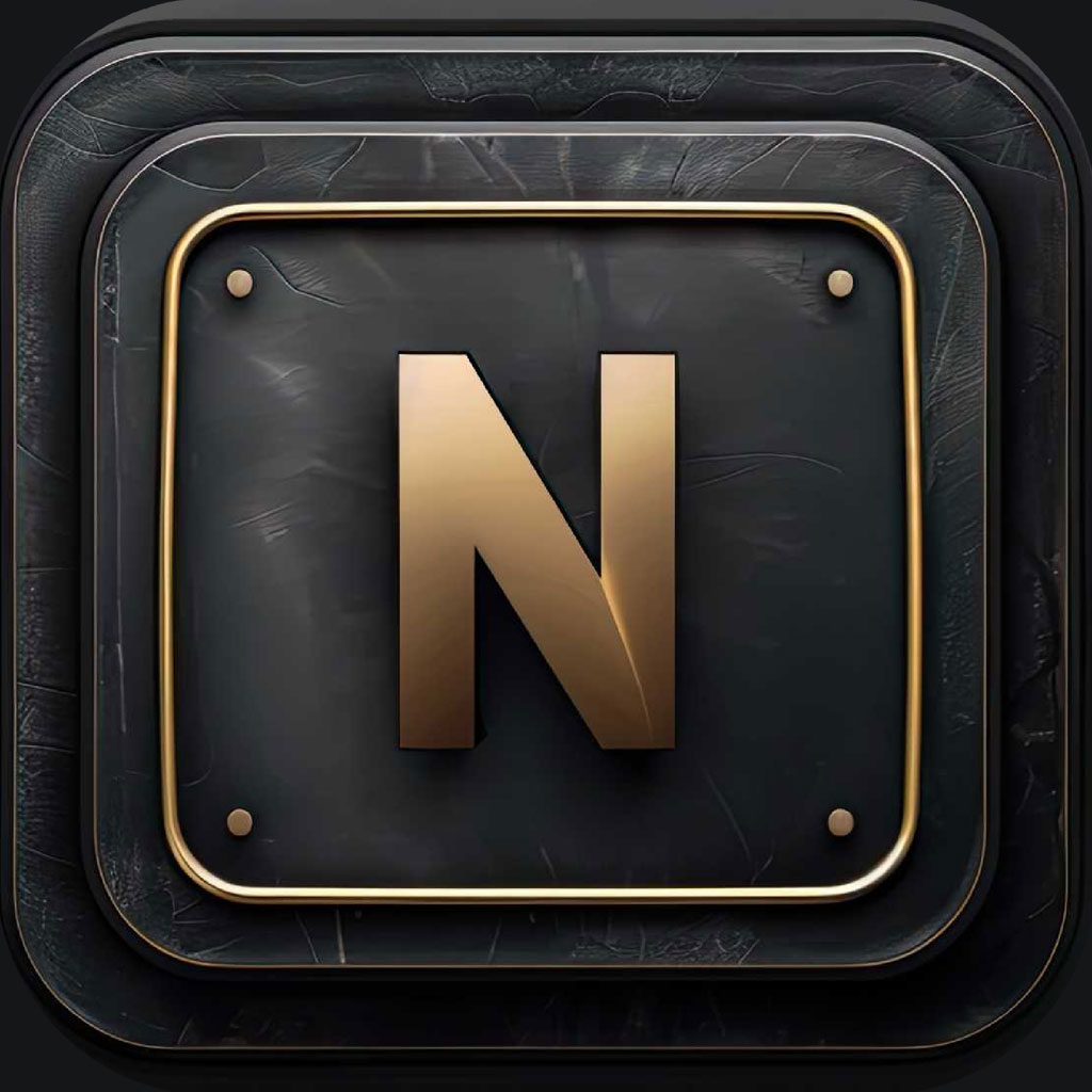 Gold 'N' icon on a black background