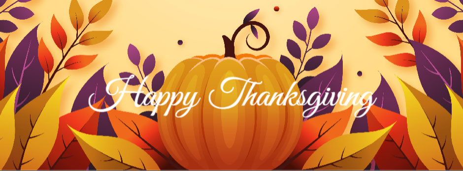 Thanksgiving greeting with pumpkin and fall foliage