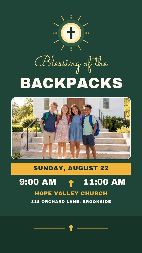Vertical church story design with a backpack blessing title, students photo, and event details.