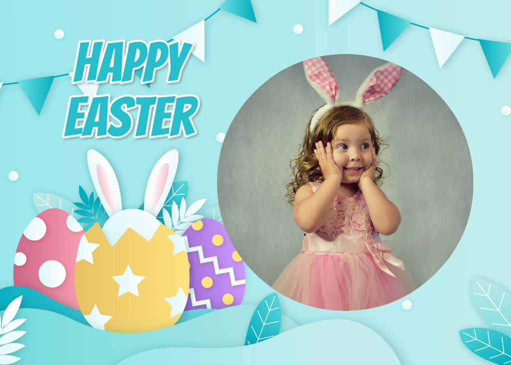 Little girl in pink dress and bunny ears on Easter card