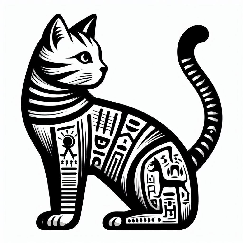 Illustration of a black cat with orange accents and Egyptian-inspired symbols