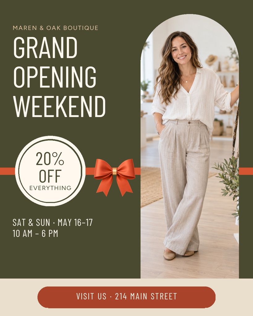 Portrait social post template for a boutique grand opening weekend with a photo, discount badge, and event details.