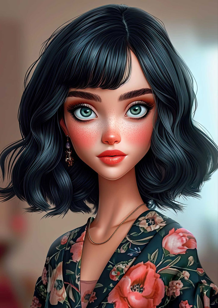 Illustration of a woman with green eyes and black hair.