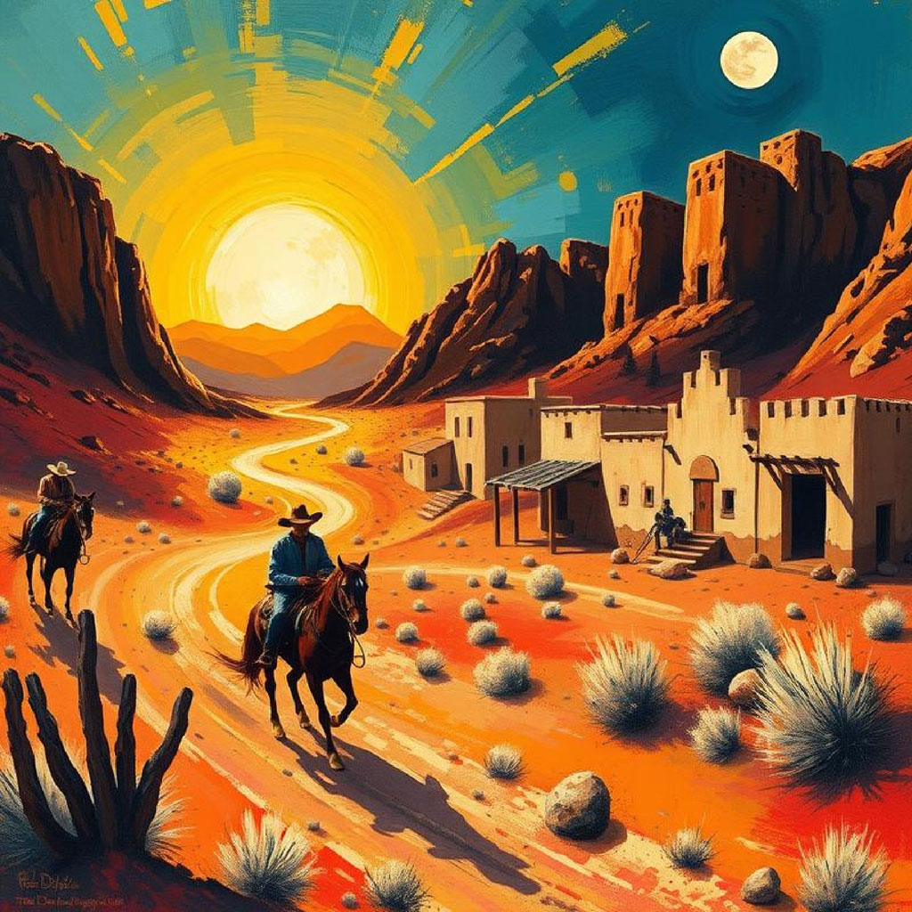 Two cowboys riding horses towards a desert settlement with adobe buildings and rocky formations under a sky with both sun and moon visible.