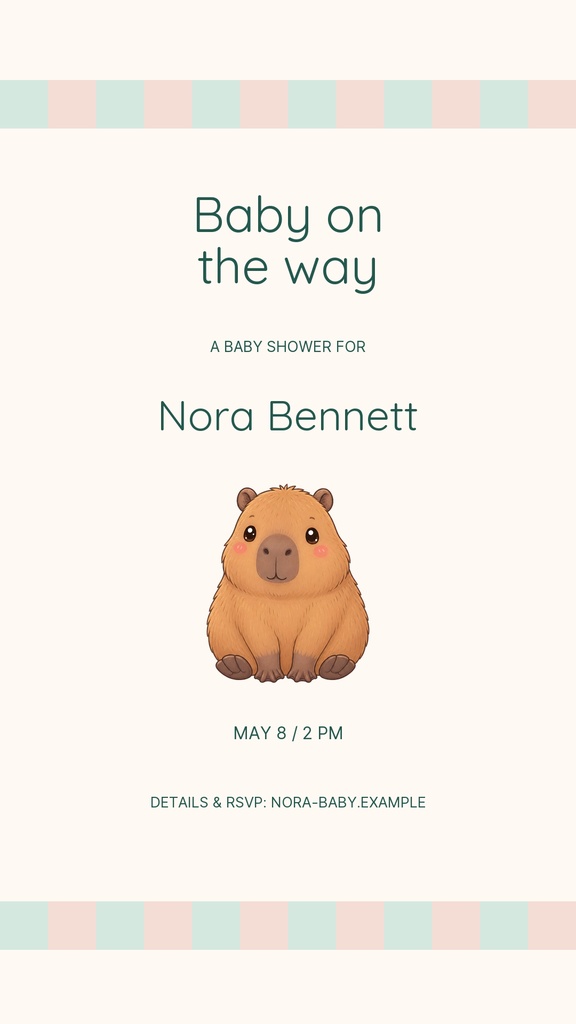 Portrait baby shower story with a capybara illustration and pastel border accents.