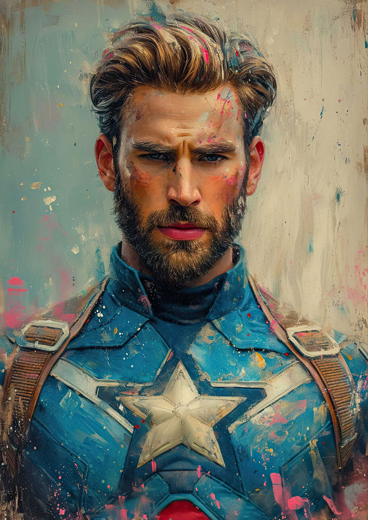 Painting of Captain America with a blue and white costume and a star emblem
