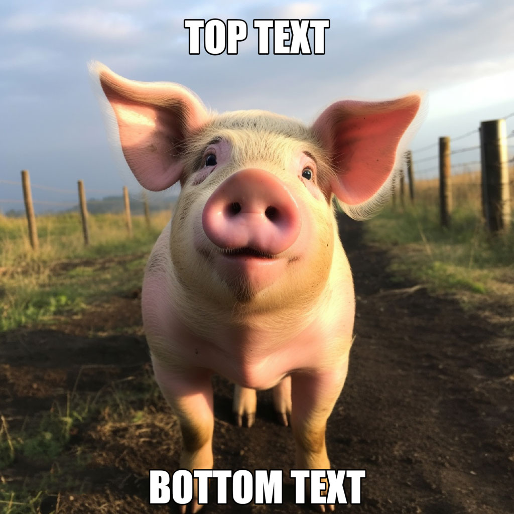 A pig standing in a field with 'TOP TEXT' and 'BOTTOM TEXT' overlay.