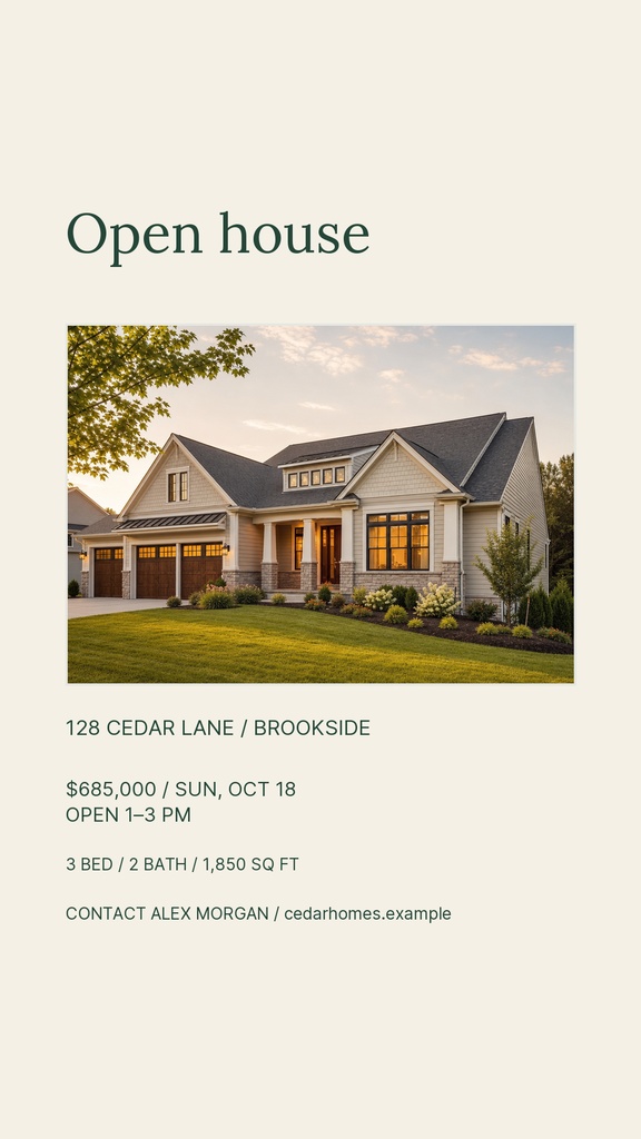 Minimal open house story with a house photo, address, price, date, and contact details.