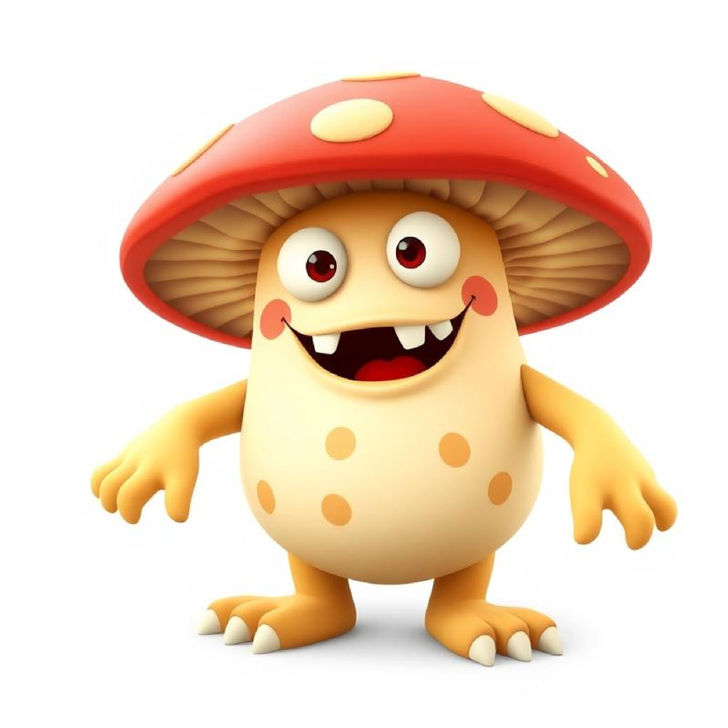 A cartoon mushroom character with a red cap and yellow spots, smiling and standing on its legs.