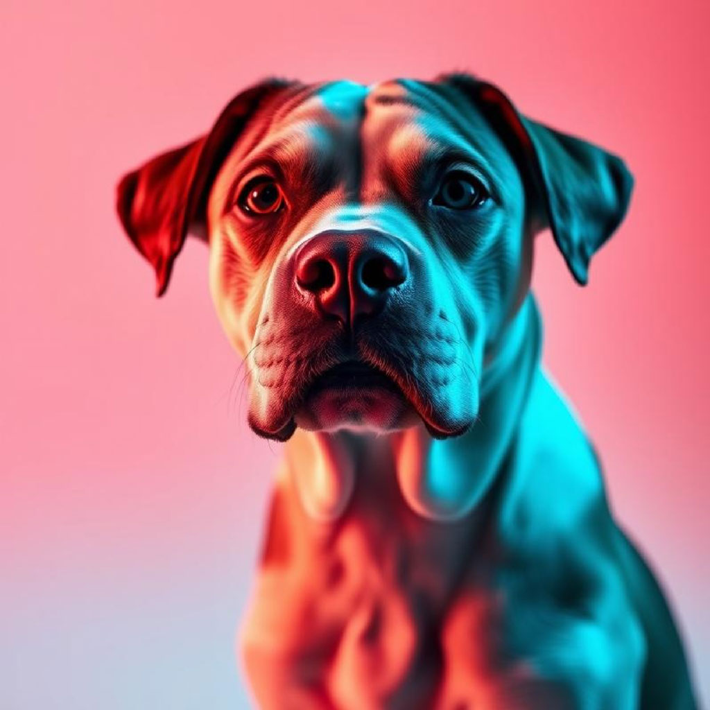 A woman with dark hair and hoop earrings, lit by red and blue neon lights.