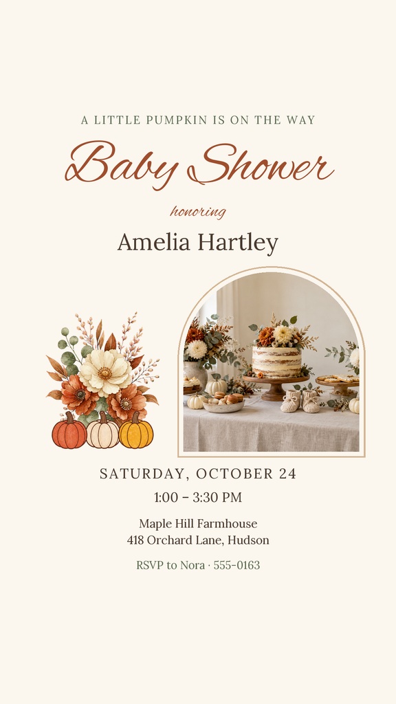 Vertical baby shower invitation with pumpkins, florals, and a dessert table photo in warm autumn tones.