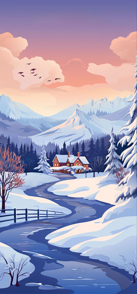 Illustration of a snowy landscape with a house near a river and mountains in the background.