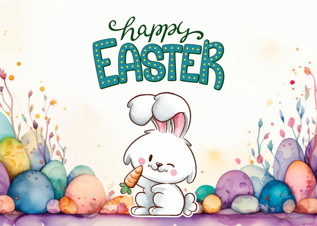 Cartoon white bunny eating a carrot with Easter eggs and flowers around