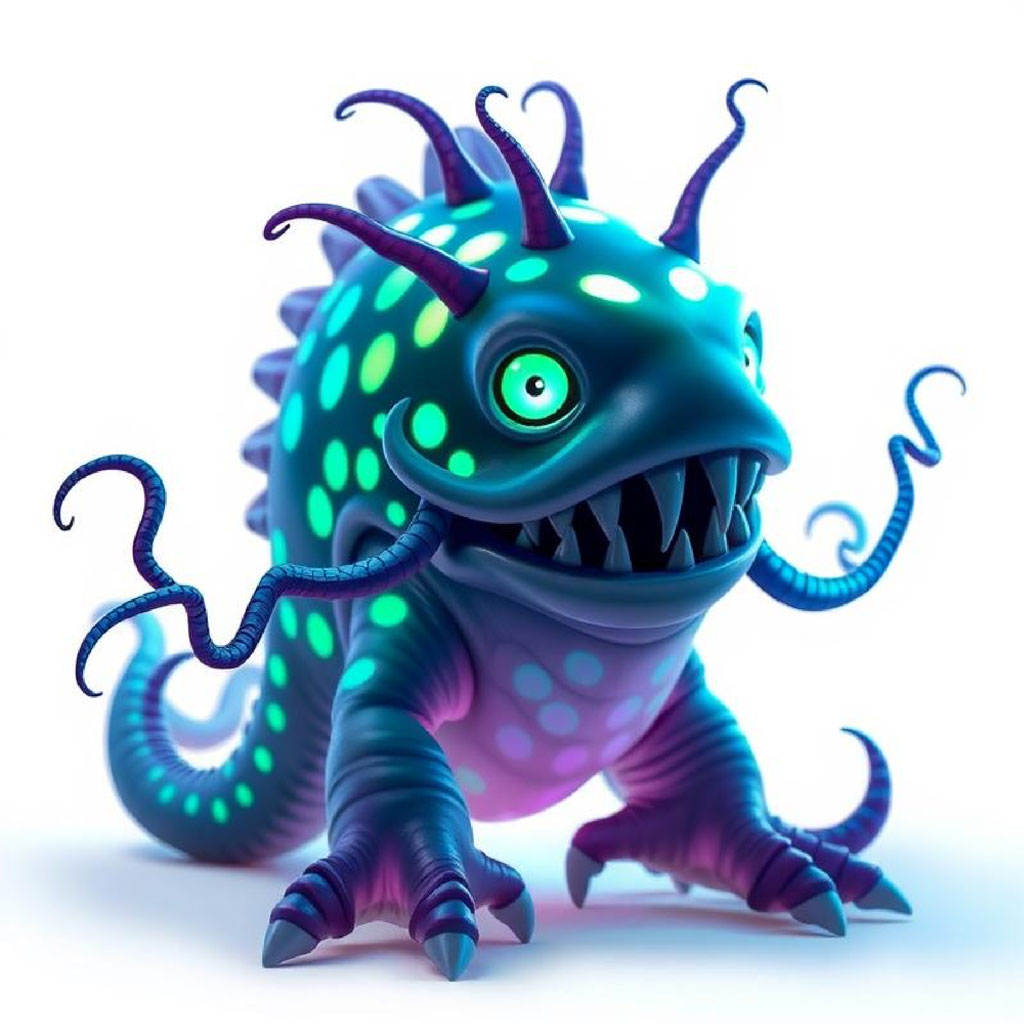 A digital illustration of a fantastical, glowing creature with sharp teeth and tentacle-like appendages.